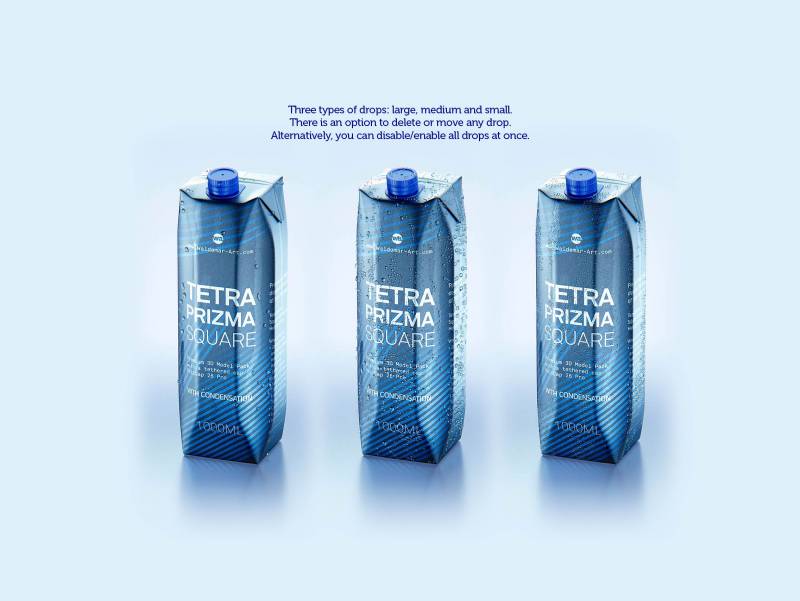 Tetra Prisma Square 1000ml with tethered cap HeliCap26 Pro and water condensation premium packaging 3d model pak