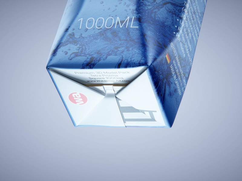 Premium packaging 3d model of Tetra Pack Prisma Square 1000ml with tethered cap HeliCap 26 Pro