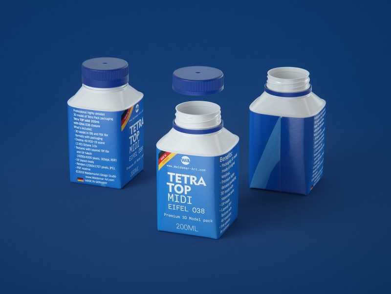 Tetra Top MIDI 200ml 3D model of carton package with Eifel O38 closure