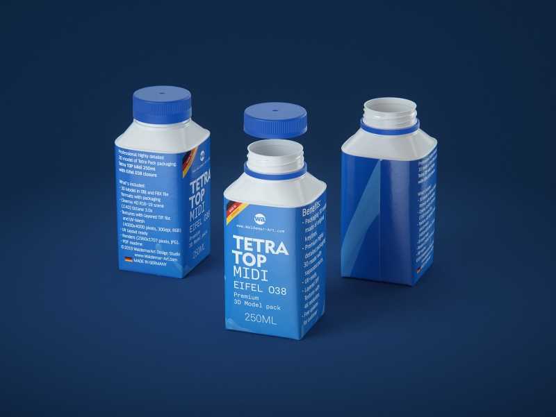 Tetra Top MIDI 250ml 3D model of carton package with Eifel O38 closure