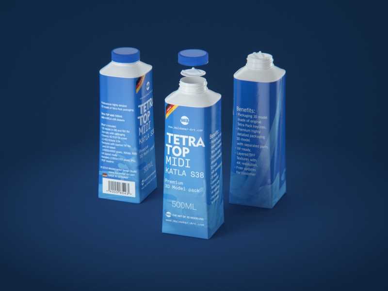 Tetra Top MIDI 500ml 3D model of carton package with KATLA S38 closure