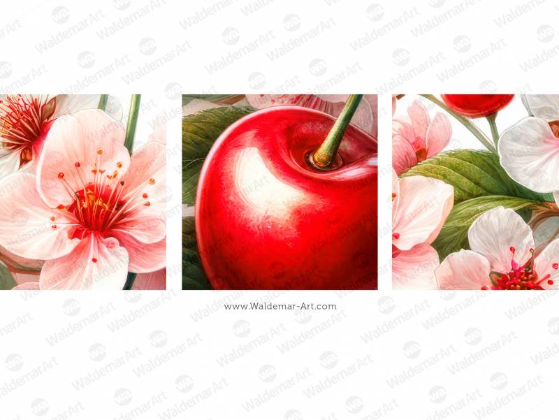 Two Cherries with blossoms premium watercolor illustration