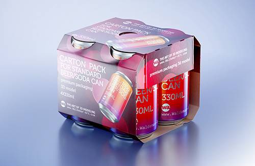 Premium Carton 3D packaging Model for 4x330ml Standard Beer/Soda Cans