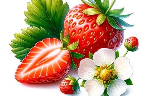 Premium Digital Watercolor Illustration featuring a whole strawberry and one sliced strawberry