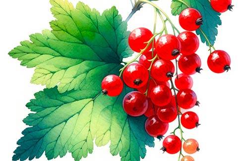 Premium Digital Watercolor Illustration of a few red currant berries, designed with a minimalist and detailed style