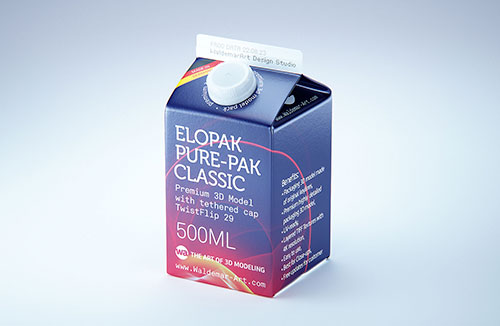 Premium milk packaging 3D model of Elopak Pure-Pak Sense 500ml with tethered cap TwistFlip 29