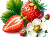 Strawberry with sliced berry, blossom and leaves premium watercolor illustration
