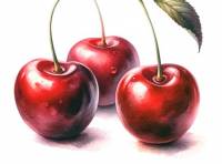 Premium Digital Watercolor Illustrations featuring three cherries on a white background