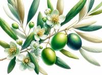 Premium Digital Watercolor Illustration of an olive branch with three olives and authentic olive blossoms