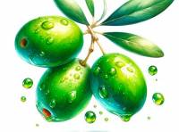Premium Digital Watercolor Illustration of a cluster of three green olives suspended in mid-air covered by olive oil drops