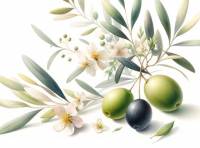 Premium Digital Watercolor Illustration of a single green olive and one black olive, along with several leaves and a few blossoms