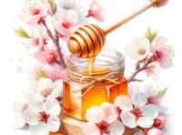Dipper with honey dripping into a small glass jar, surrounded by cherry blossoms premium digital illustration