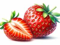 Premium Digital Watercolor Illustration featuring a whole strawberry and one sliced strawberry