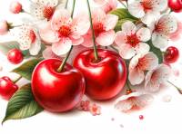 Two Cherries with blossoms premium watercolor illustration