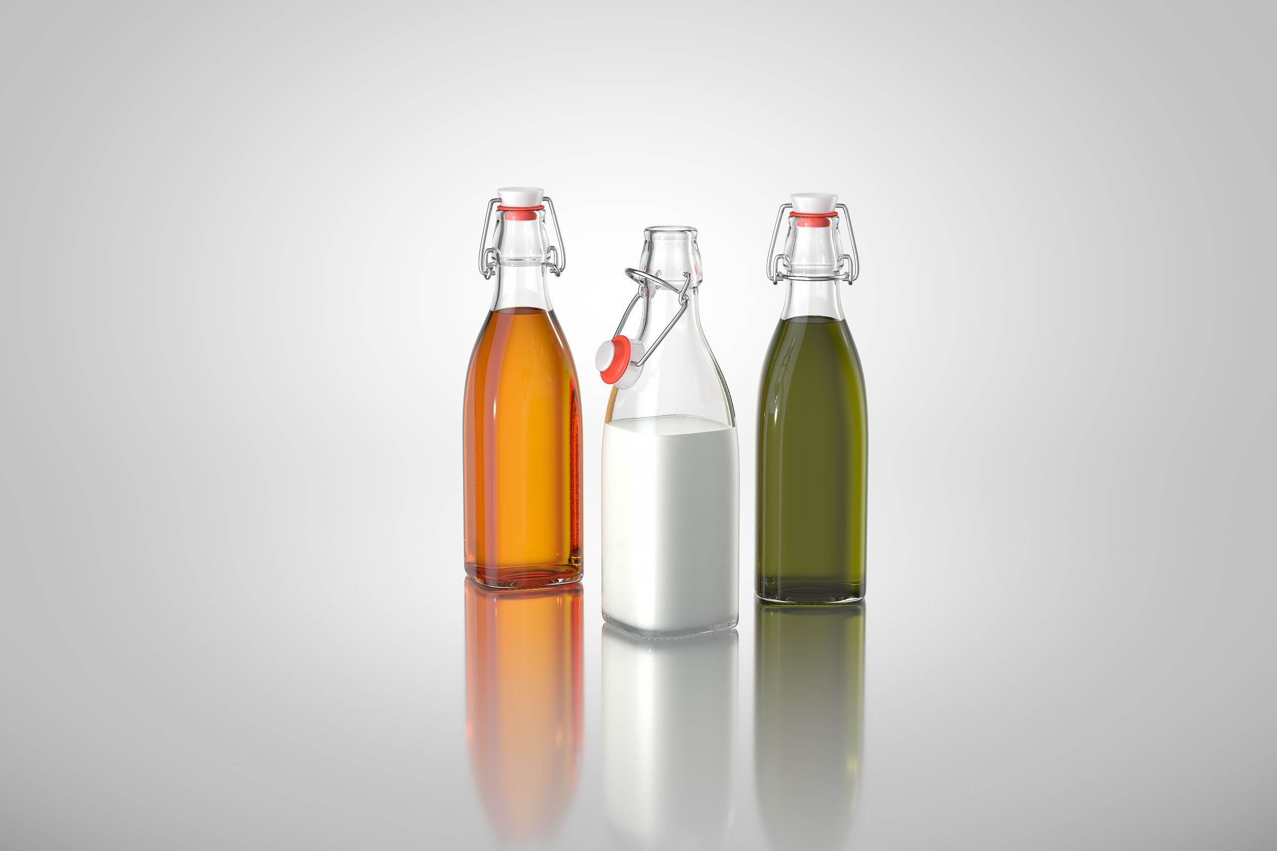 Trio packaging 3d models of glass bottles for oil, vinegar or milk